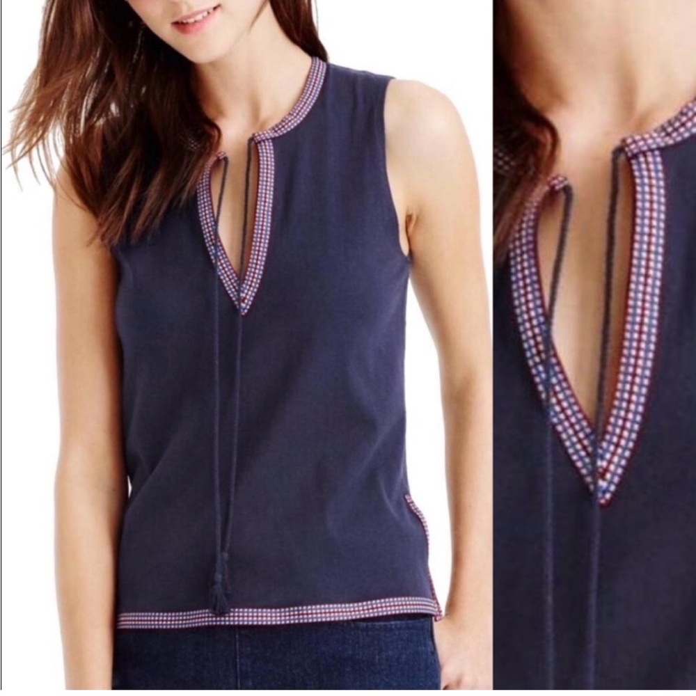J. Crew Navy Sleeveless Tunic with Red and White Embroidered Trim